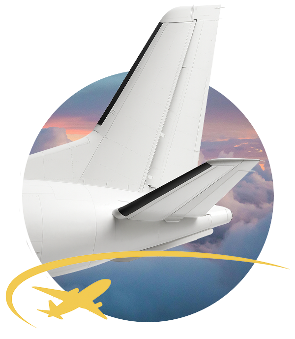 Conquest Air Cargo tail fin with golden flight path graphic, representing the company’s commitment to reliable air freight service across the Caribbean