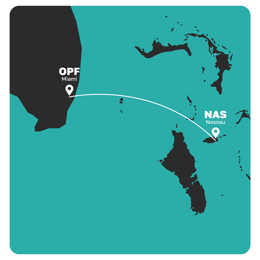 Route map showing Conquest Air Cargo’s daily freight service from OPF Miami to NAS Nassau across the Florida–Bahamas corridor
