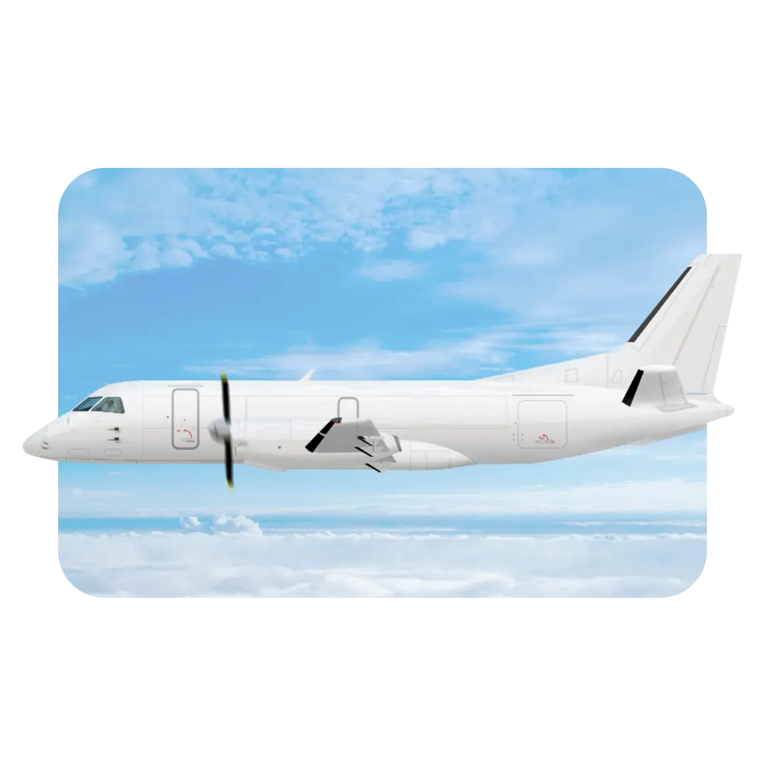 Saab 340 aircraft flying at cruising altitude, part of Conquest Air Cargo’s regional freight fleet serving Miami and Nassau