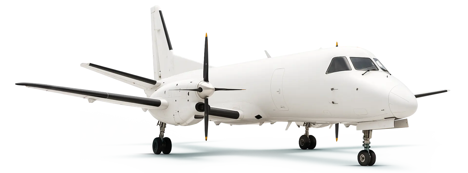 Front and side view of Conquest Air Cargo’s Saab 340 cargo aircraft, purpose-built for short island runways and regional freight between Miami and the Bahamas