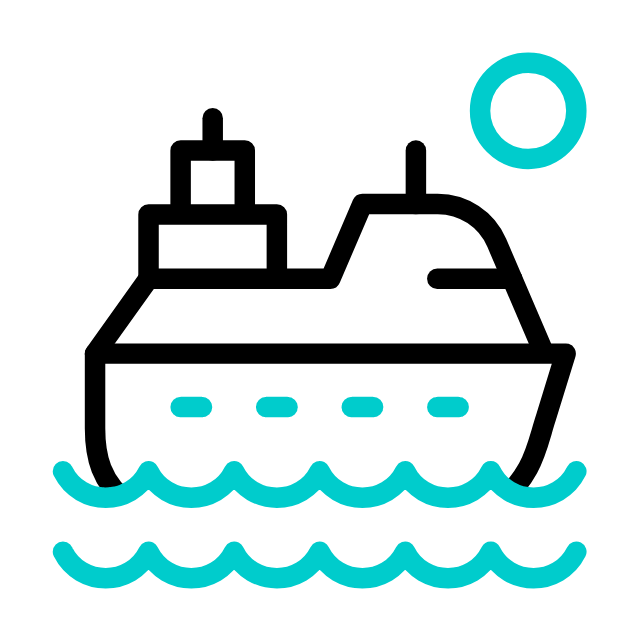 Icon of ship on waves symbolizing marine supplies and vessel spares transported by Conquest Air Cargo charter service