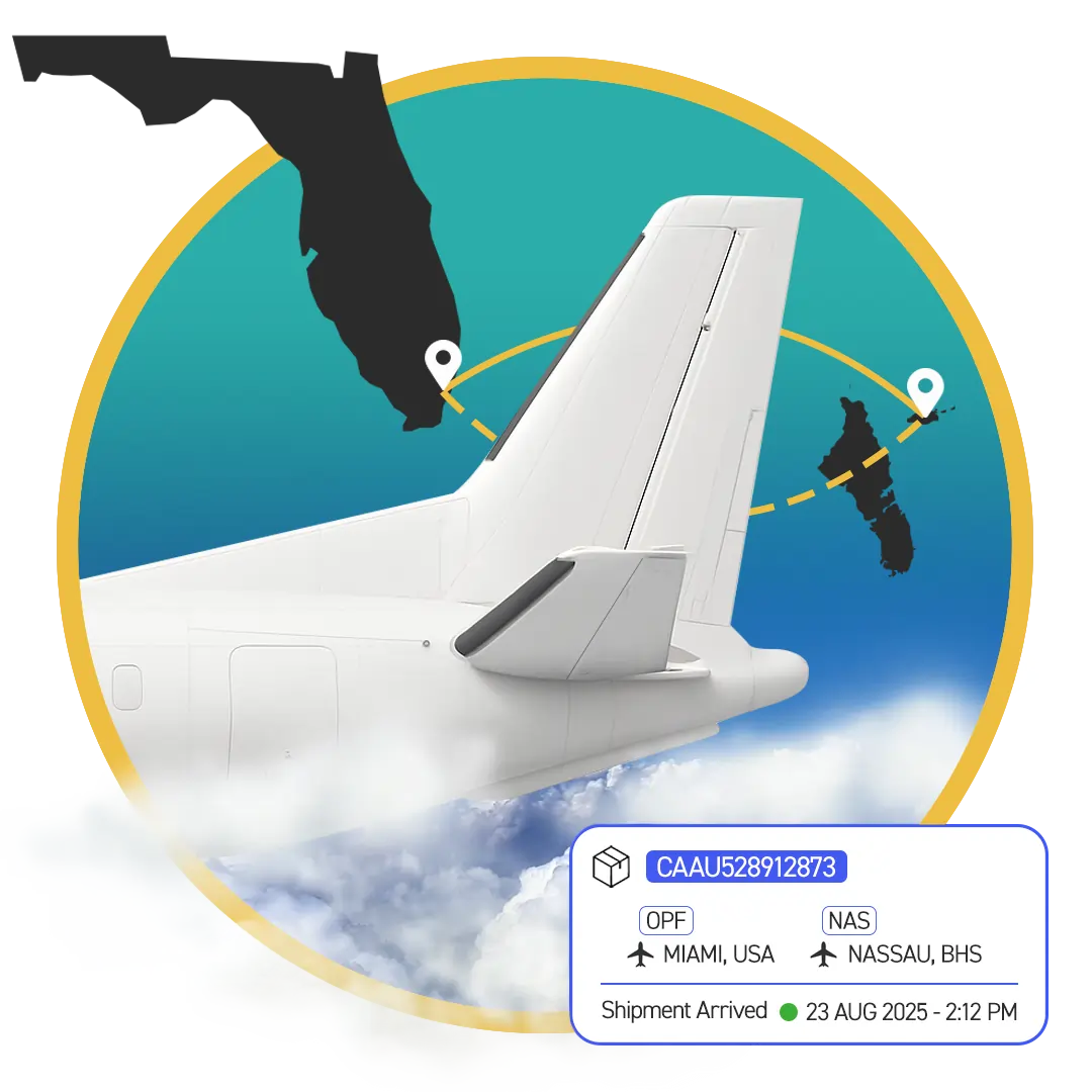 Conquest Air Cargo flight route from Miami to Nassau with aircraft tail and delivery tracking details, representing daily air freight service to the Bahamas
